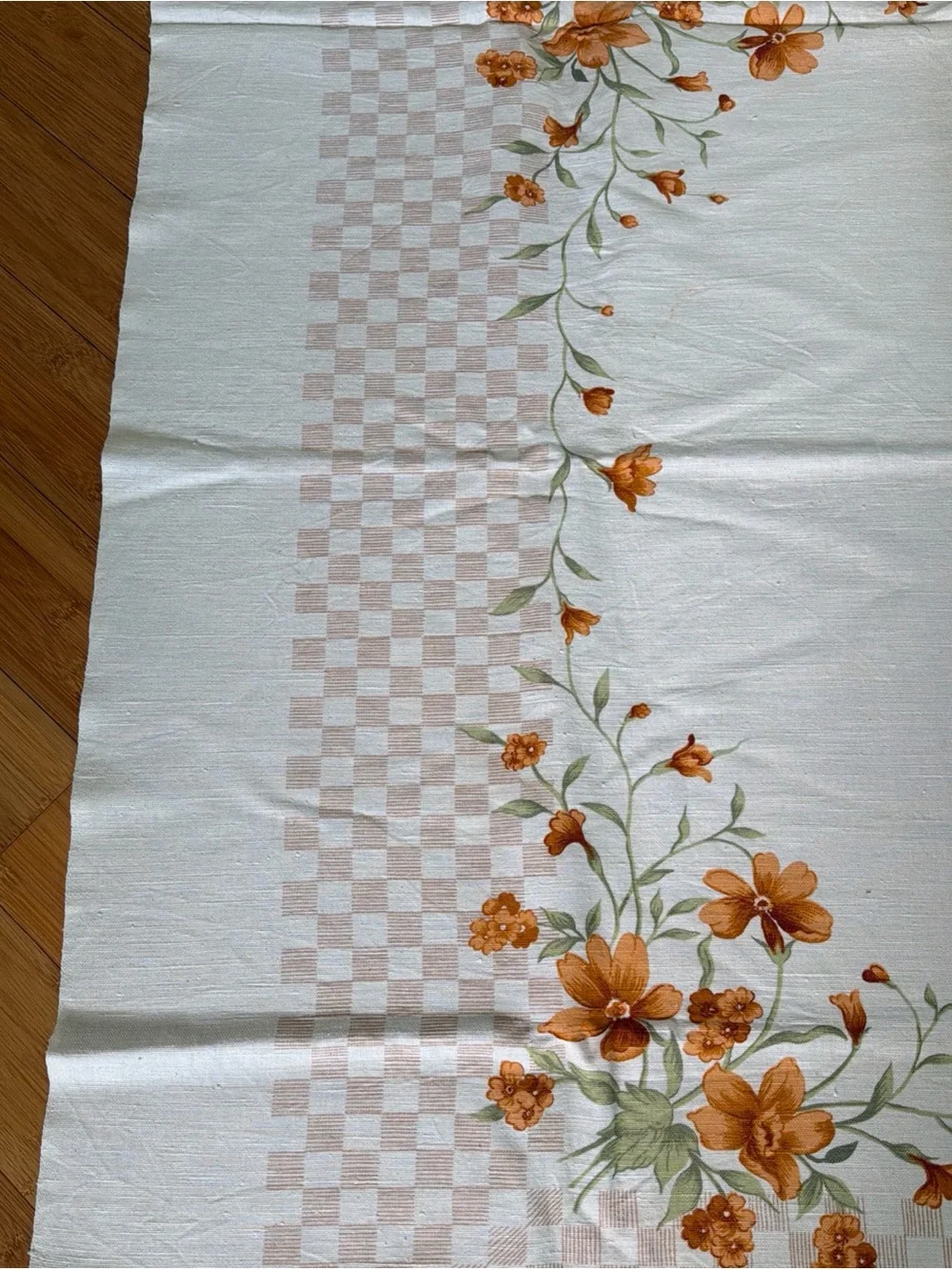Vtg Square Tablecloth Off White Linen Subtle Checkered Border Orange Garland
